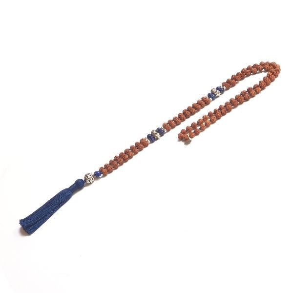Handmade Insight Mala Necklace – Lapis Lazuli & Rudraksha for Clarity looped on table