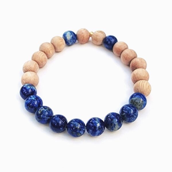 Handmade Intuition Bracelet – Lapis Lazuli & Rosewood for Intuition & Wellbeing on white table