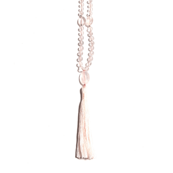 Close up of Handmade Love Mala Necklace – Rose Quartz Heart Chakra Healing tassel