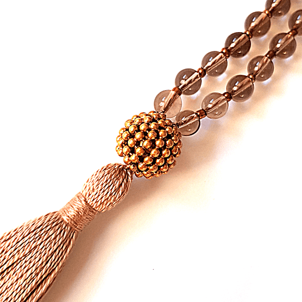 Close up of Guru Bead on Handmade Nurturing Mala Necklace – Smokey Quartz for Grounding & Balance 