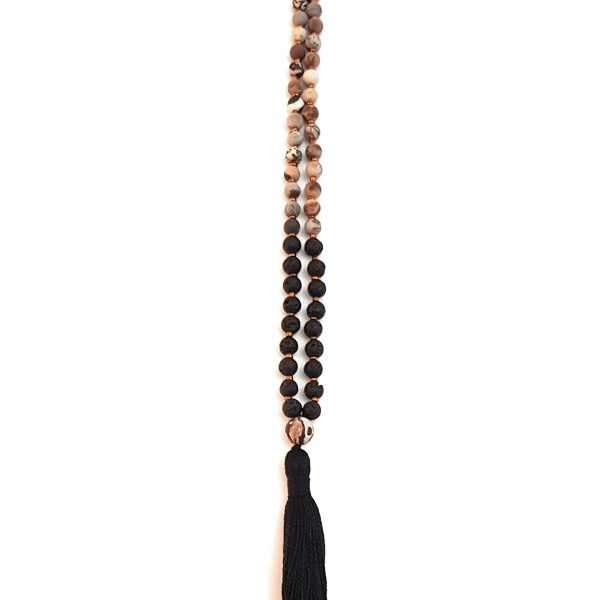 Close up of Handmade Peace Mala Necklace – Grass Flower Jasper & Lava for Calm bead and guru bead