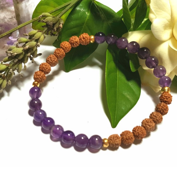 Handmade Recalibrate Bracelet – Amethyst & Rudraksha Crown Chakra Bracelet with white gardenia flower