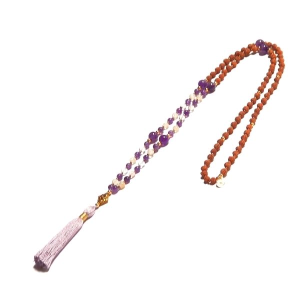 Handmade Reflection Mala Necklace – Amethyst & Tourmalinated Quartz for Balance looped on table