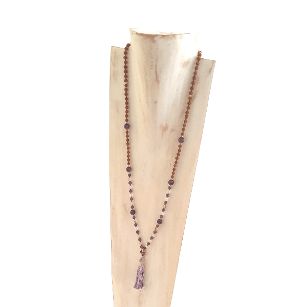 Handmade Reflection Mala Necklace – Amethyst & Tourmalinated Quartz for Balance bead on jewellery bust