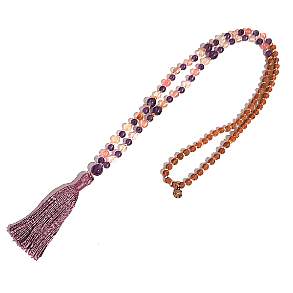Handmade Resilience Mala Necklace – Amethyst & Tourmalinated Quartz looped on table
