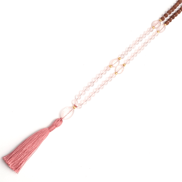 Close up of Handmade Rose Quartz Mala Necklace – Love, Healing & Heart Chakra Energy beads