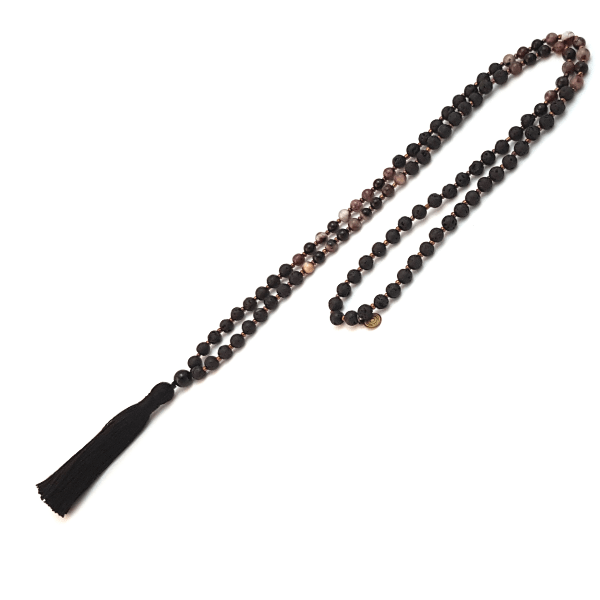 Handmade Self-Acceptance Mala Necklace – Tourmaline & Lava for Confidence looped on table