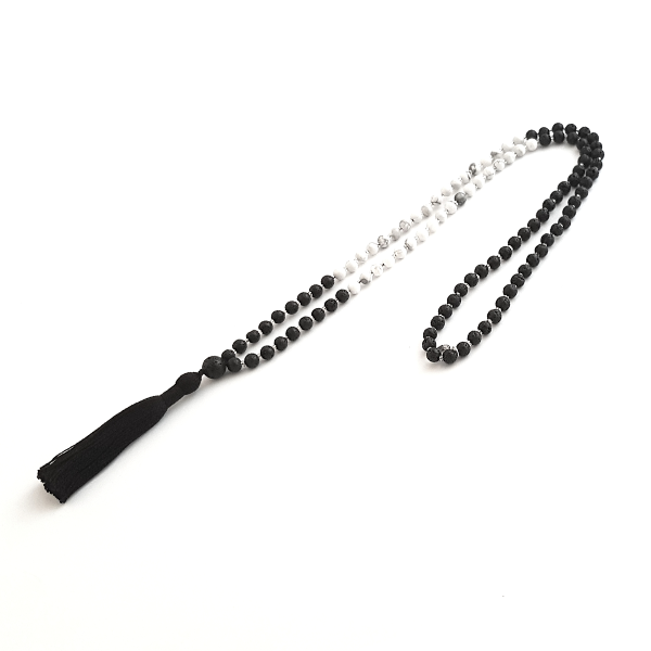 Handmade Serenity Mala Necklace – Howlite & Lava Stone for Calm & Grounding  looped on table