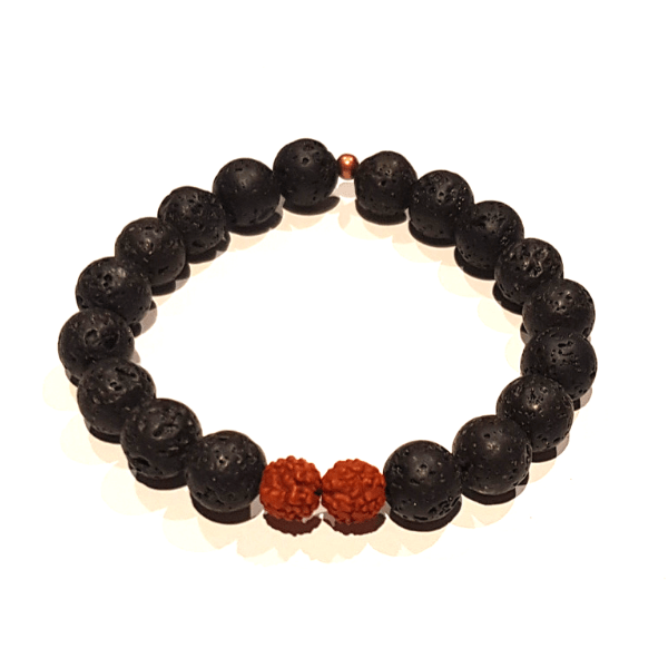 Overhead view of Handmade Grounding Bracelet – Lava Stone & Rudraksha on white background