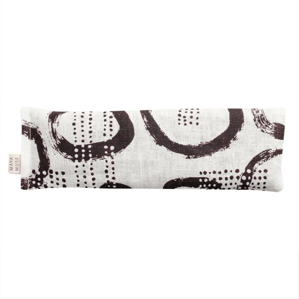 Handmade lavender infused organic cotton screen painted eye pillow with brown circle and dot pattern