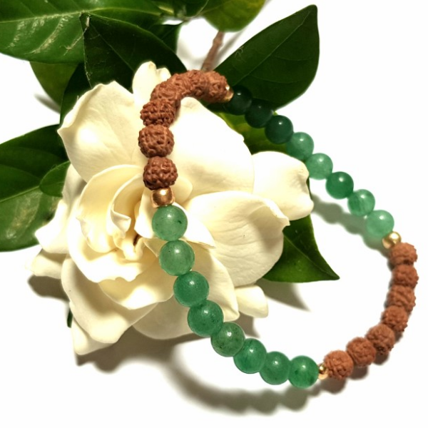 Handmade Green Aventurine and Rudraksha Bracelets with white gardenia