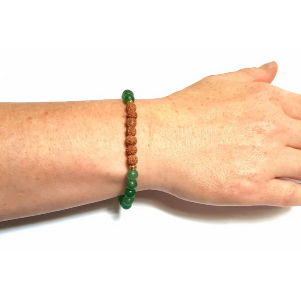 Woman wearing Handmade Green Aventurine and Rudraksha Bracelets on wrist 