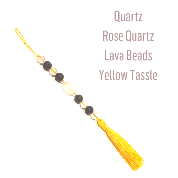 Mixed Quartz and Lava Bead Essential Oil Diffuser on white background with yellow tassel