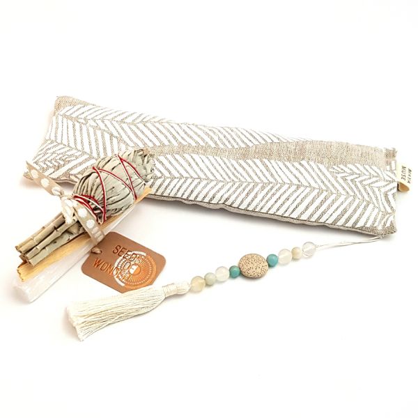 Lavender infused organic cotton handmade eye pillow, smudging kit with sage stick, selenite and Palo Santo and White Lava Bead and Amazonite Essential Oil Diffuser