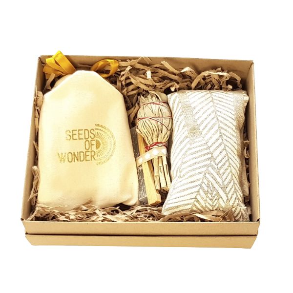 Relaxation kraft gift box set with handmade eye pillow, diffuser and rebalancing kit