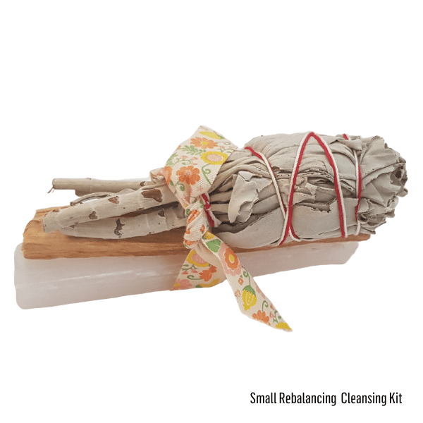 Small smudging kit with white sage, small selenite stick and Palo Santo
