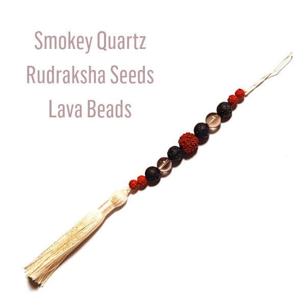 Smokey Quart, Rudraksha Seed and Lava Bead Essential Oil Diffuser on white background