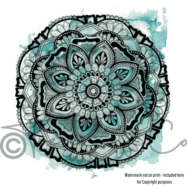 Close up of Winter mandala design with blue colour background designed by Aimee Fergusson