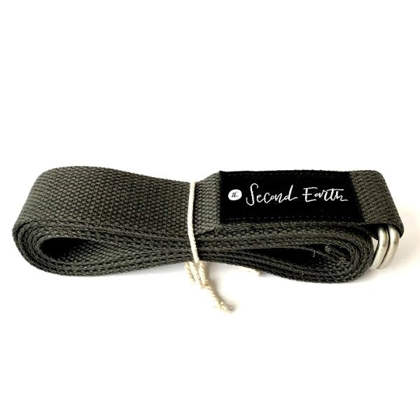 Grey second earth yoga strap folded up with string tie